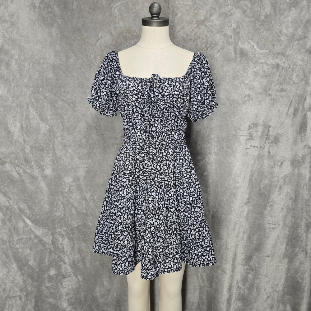 Floral Mini Dress Women L Square Neck Puff Sleeve Black White Summer Cottagecore